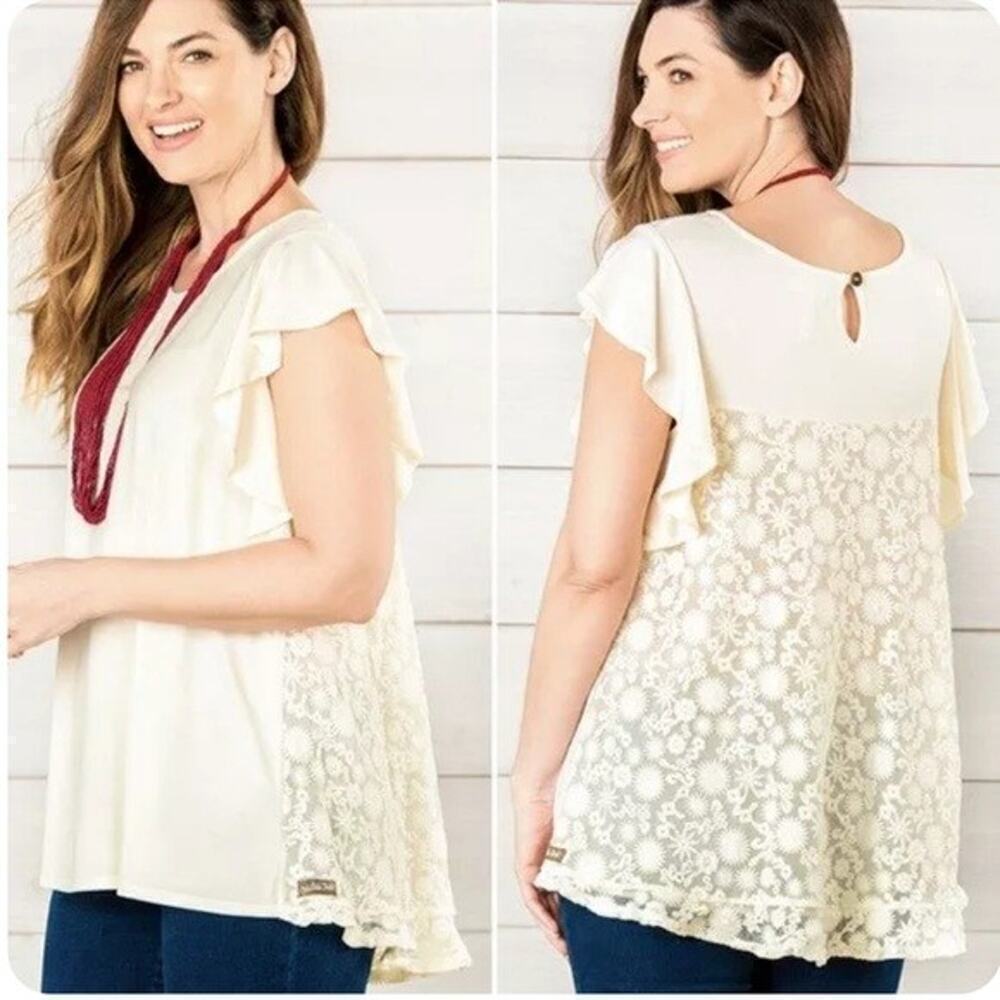 Matilda Jane Size Small Simply Lacy Embroidered Back Ruffle Sleeve Top Cream